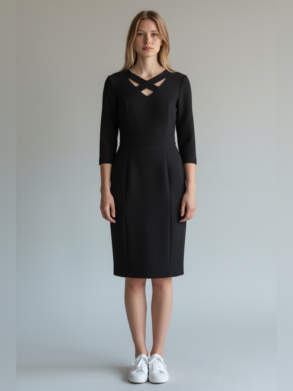 London Times Elegant Black Sheath Dress with Crisscross Neckline 10